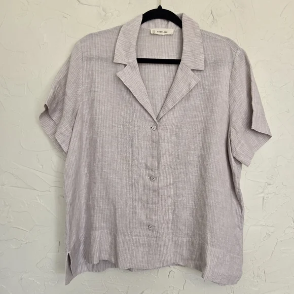 EVERLANE Linen Tan White Striped Button Up Short Sleeve Top, L - Picture 2 of 11